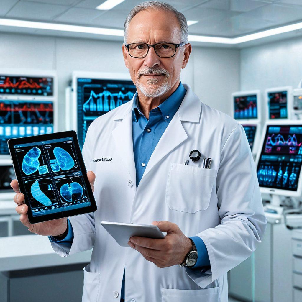 A distinguished doctor, Richard E. Singer MD, in a futuristic lab surrounded by high-tech medical equipment and holographic displays of DNA sequences. He holds a tablet showing patient data, symbolizing personalized medicine. The backdrop includes a sleek hospital with advanced healthcare facilities. super-realistic. vibrant colors. white background.