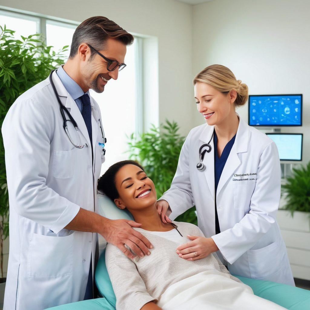 A compassionate doctor with a warm smile consoling a patient in a modern medical clinic, surrounded by cutting-edge medical equipment and vibrant greenery. The environment exudes excellence, care, and innovation, highlighting the advanced technology and personalized patient care. super-realistic. vibrant colors. white background.